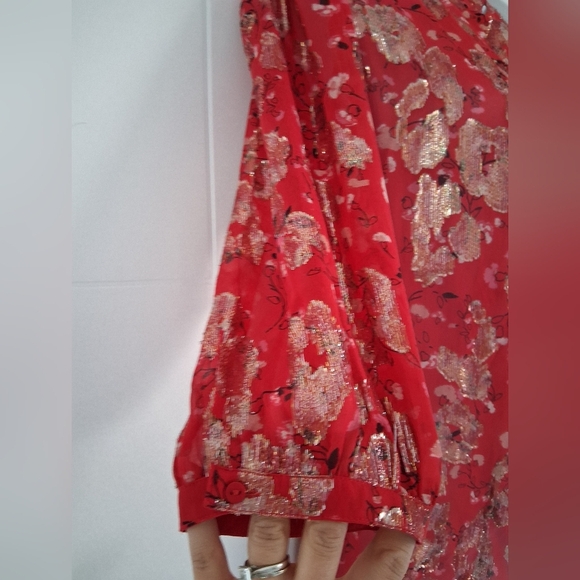 Ba&sh/ Tanama Printed Silk Blend Blouse/ Red and Metallic Gold/ Size US XS - Picture 7 of 15